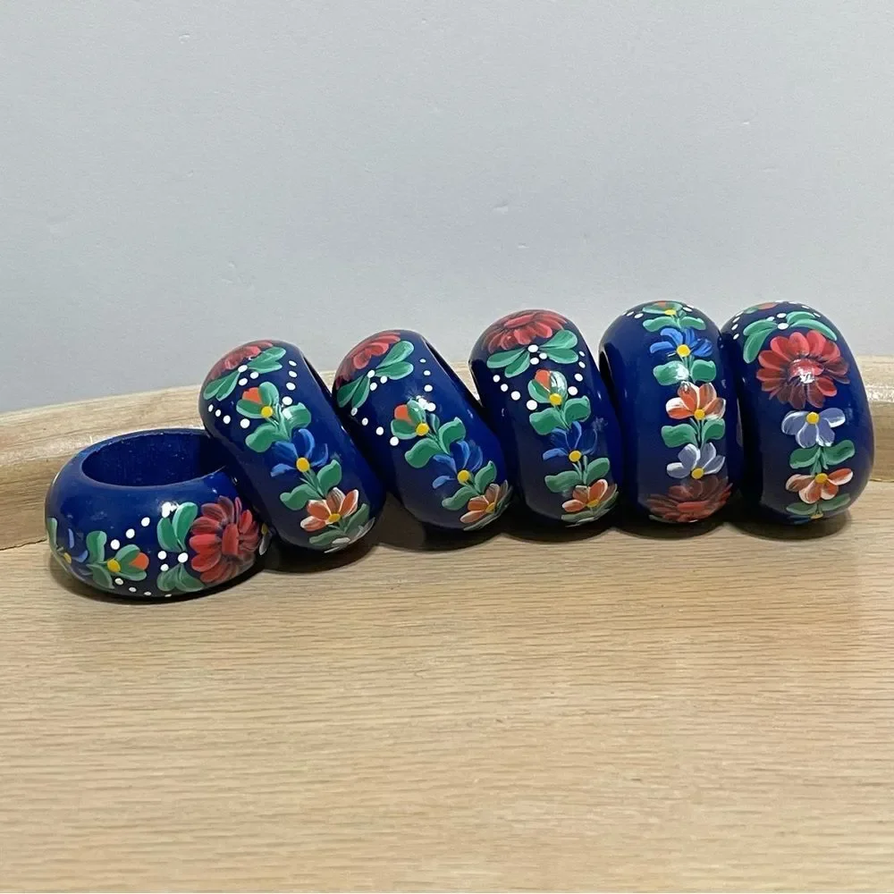 Hand-Painted Blue Floral Wood Napkin Rings Colorful Cottage Artsy Ornate 6 Set